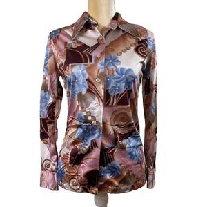 70s Vintage Alfie for Gals Pink Blue Floral Button Down Dagger Collar Shirt Med